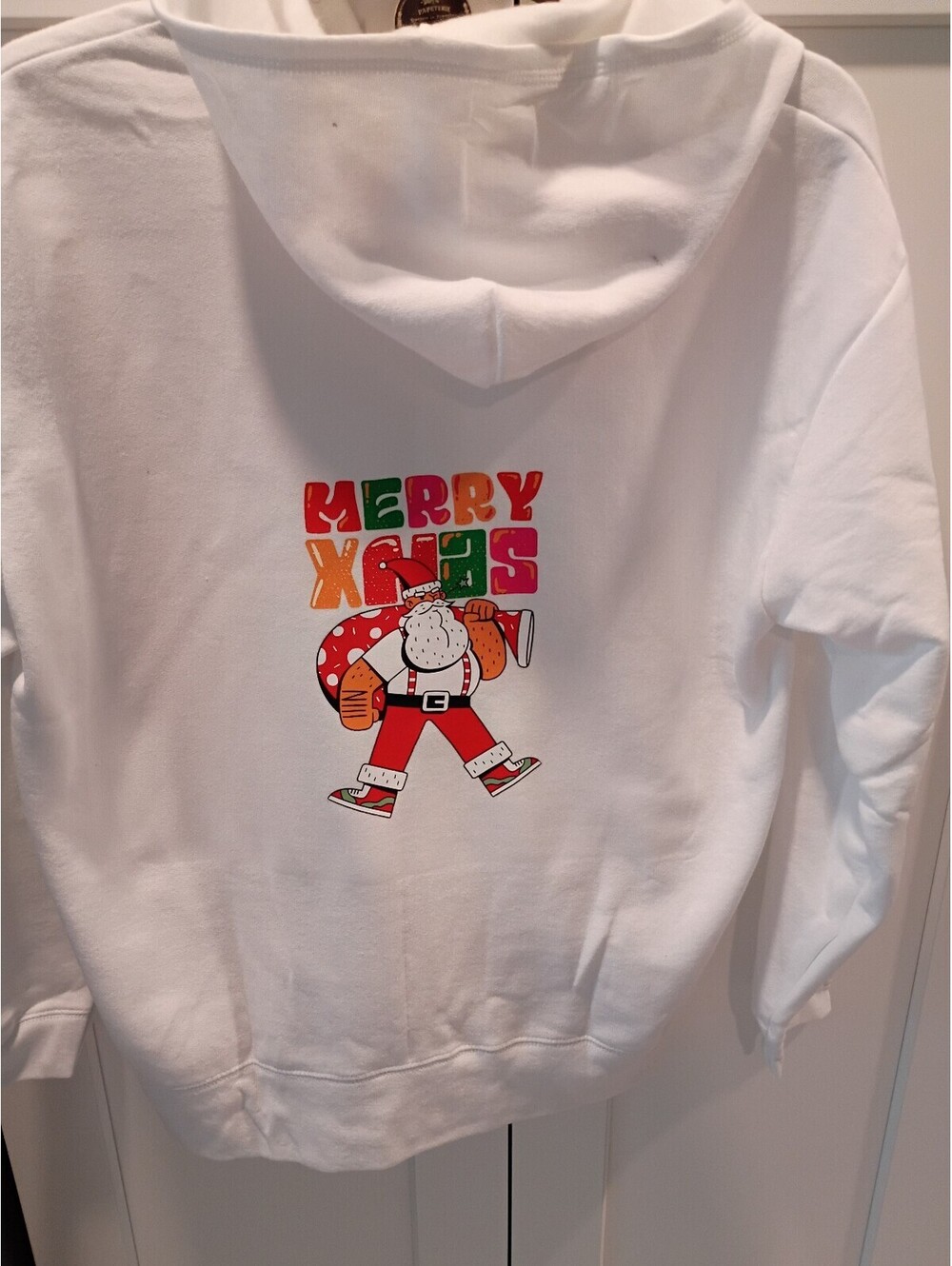 Hanes White Zip-Up Hoodie with Merry Xmas Graphic, Size Large